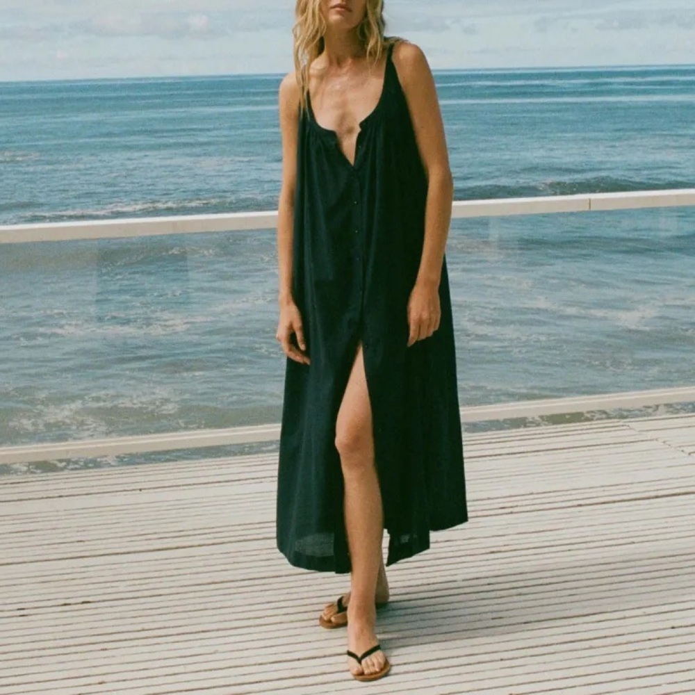 Doen Black Sleeveless Maxi Button-Front Dress